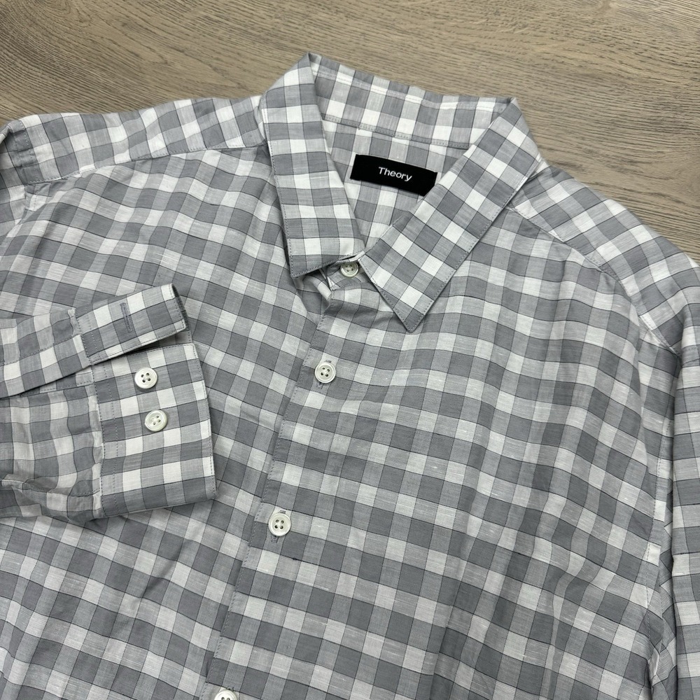 Theory Zack Bowrey Grey Check Button Up Shirt Men Sz M Cotton Linen Smart Casual